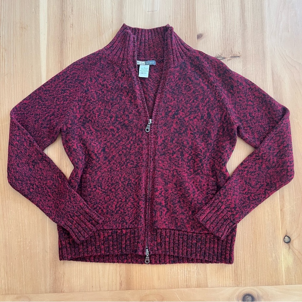 Two Dog Island Red Black Cotton Zip Cardigan Sweater | Size Small | Made in Hong